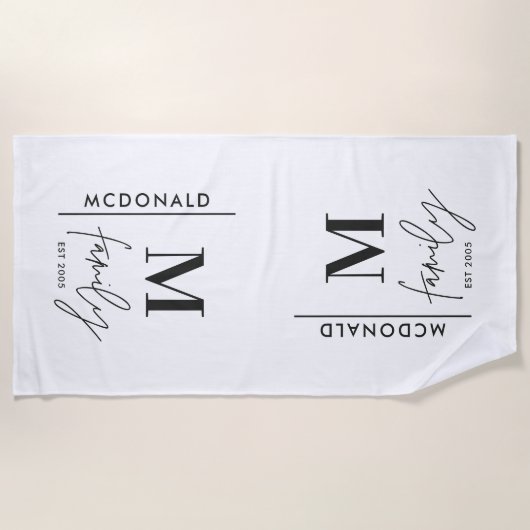 モノグラパーソナライズされたムモダンミニマルシック家族 ビーチタオル (正面)