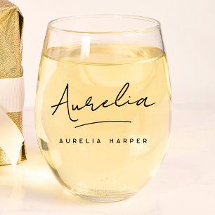 モノグラパーソナライズされたムモダン・スクリプトの署名名 ステムなしワイングラス