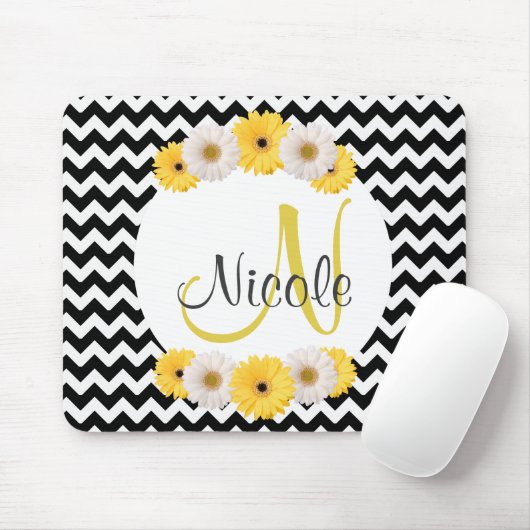 モノグラパーソナライズされたム白黒シェブロンデイジー マウスパッド (マウス)