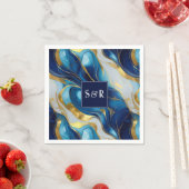 モノグラフェイクム金ゴールド、青と白のマーブル結婚ズ スタンダードカクテルナプキン (インサイチュ)