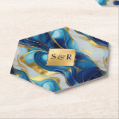 モノグラフェイクム金ゴールド、青と白のマーブル結婚ズ ペーパーコースター (アングル)