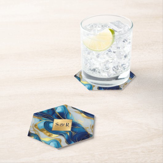 モノグラフェイクム金ゴールド、青と白のマーブル結婚ズ ペーパーコースター (インサイチュ)
