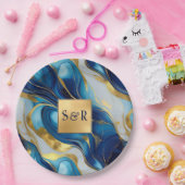 モノグラフェイクム金ゴールド、青と白のマーブル結婚ズ ペーパープレート (パーティー)