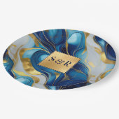 モノグラフェイクム金ゴールド、青と白のマーブル結婚ズ ペーパープレート (アングル)