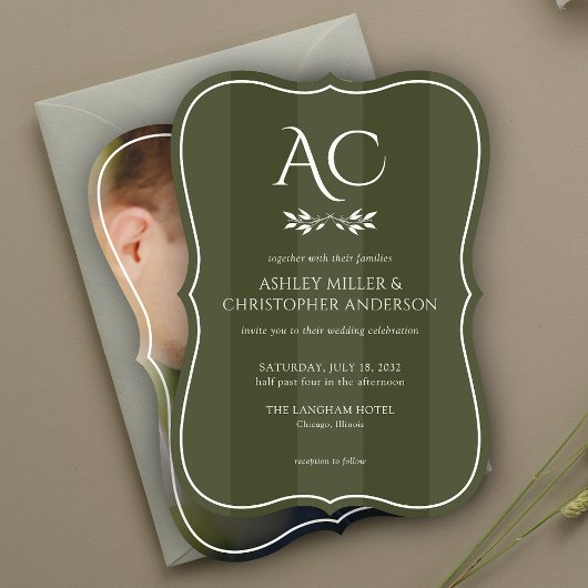 モノグラミニマルムストライプのオリーブグリーン結婚写真 招待状