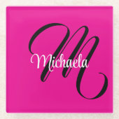 モノグラミニマルムモダンイニシャル名hot pink ガラスコースター (正面)