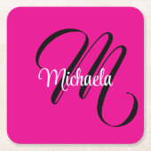 モノグラミニマルムモダンイニシャル名hot pink スクエアペーパーコースター (正面)