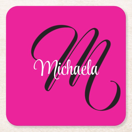 モノグラミニマルムモダンイニシャル名hot pink スクエアペーパーコースター (正面)