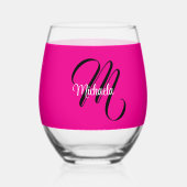 モノグラミニマルムモダンイニシャル名hot pink ステムなしワイングラス (正面)