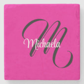 モノグラミニマルムモダンイニシャル名hot pink ストーンコースター (正面)