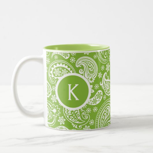 モノグラミンググリーン&ホワイトヴィンテージペイズリー ツートーンマグカップ (左)