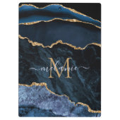 モノグラムあなたの名前ネイビーブルー金ゴールド大理石クリップボード クリップボード (裏面)