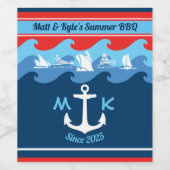 モノグラムいかりウェーブボート航海の赤白青 ワインラベル (シングルラベル)