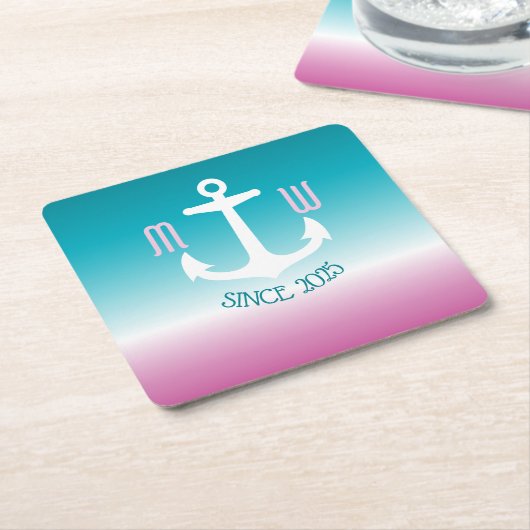 モノグラムいかりグラデーションターコイズピ航海のンク スクエアペーパーコースター (アングル)