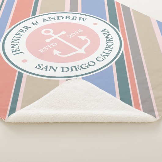 モノグラムいかりトレンディーストライプズピンク航海のビーチ シェルパブランケット (3/4)