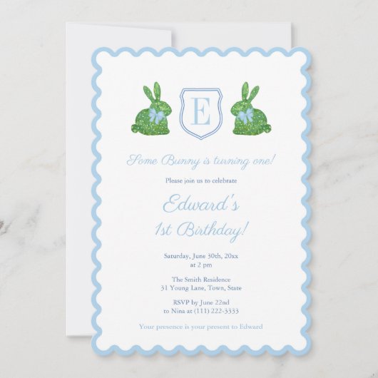 モノグラムいくつかのバニーは1男の子1歳の誕生日パーティー 招待状 (正面)