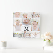 モノグラムおよび名前のクラシックな写真のコラージュ スクエア壁時計 (ホーム)