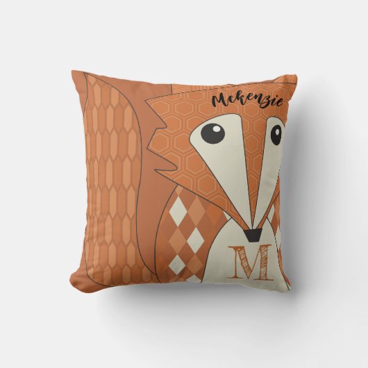 モノグラムおよび名前スタイル化されたキツネ抽象芸術幾何学的 クッション (正面)