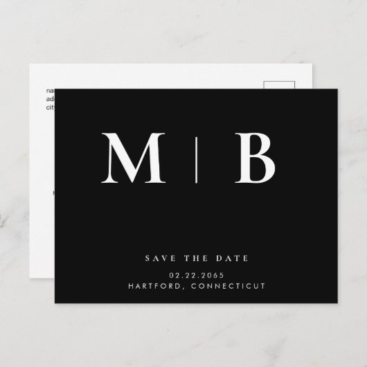 モノグラムお洒落ブラックウェディング日付保存 案内ポストカード (正面/裏面)
