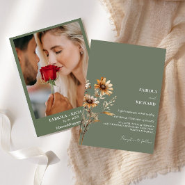 モノグラムお洒落ボホグリーンワイルドフラワー結婚ズ 招待状