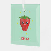 モノグラムかわいいイチゴ果実オンターコイズ ガラスオーナメント (正面左)