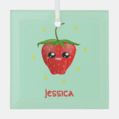 モノグラムかわいいイチゴ果実オンターコイズ ガラスオーナメント (正面)