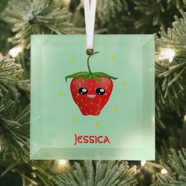 モノグラムかわいいイチゴ果実オンターコイズ ガラスオーナメント