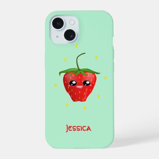 モノグラムかわいいイチゴ果実オンターコイズ iPhone 15ケース (裏面)