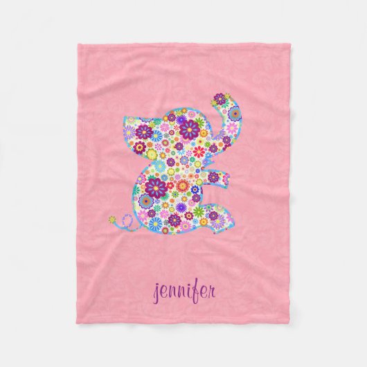 モノグラムかわいいレトロ花漫画スタイルゾウ フリースブランケット (正面)