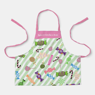 モノグラムかわいらしキャンディのパタストライプーン(緑ピンク) エプロン