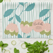 モノグラムかわいらしススタイリッシュクリプトレトロフローラ青 キッチンタオル (折り畳み)