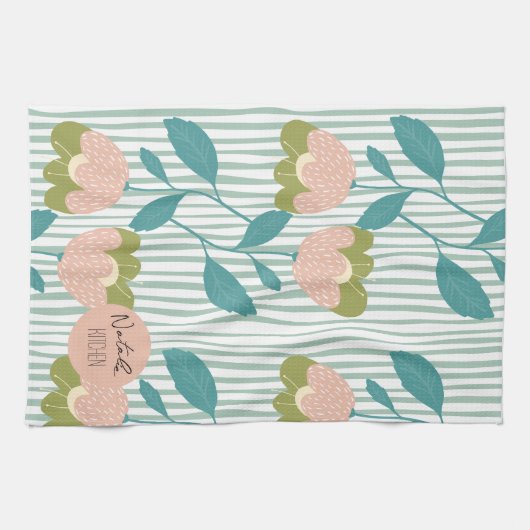 モノグラムかわいらしススタイリッシュクリプトレトロフローラ青 キッチンタオル (横)