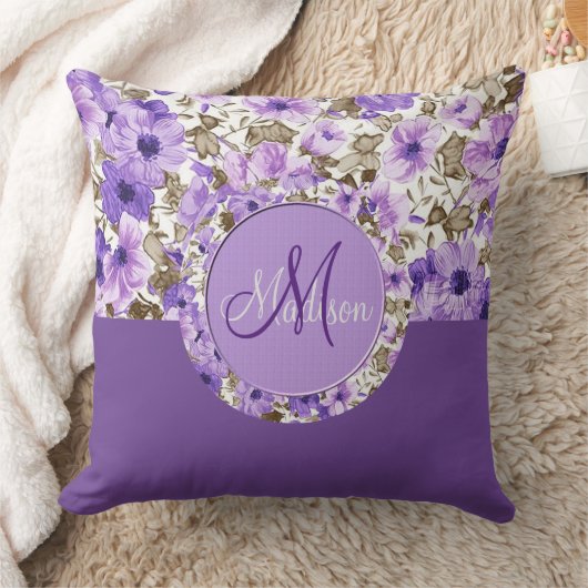モノグラムかわいらしパープル&ホワイトフローラ枕3 クッション (ブランケット)