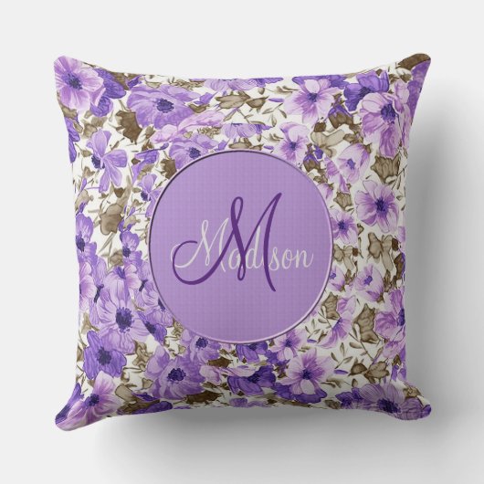 モノグラムかわいらしパープル&ホワイトフローラ装飾用クッション クッション (裏面)