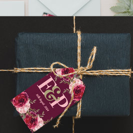 モノグラムかわいらしブルゴーニュ赤面ピンクフローラズ結婚 ギフトタグ