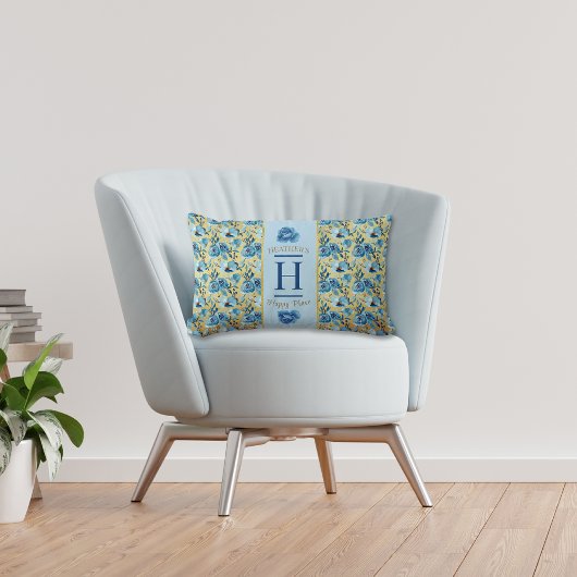 モノグラムかわいらしブルー金ゴールドカントリーバラハッピープレイス ランバークッション