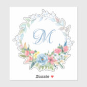 モノグラムかわいらし付き水色フローラリース シール (シート)