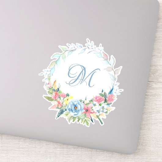 モノグラムかわいらし付き水色フローラリース シール (詳細)
