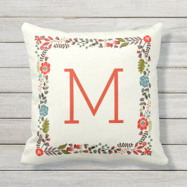 モノグラムかわいらし春縁どフローラティール（緑がかった色）、赤 クッション