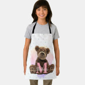 モノグラムかわいらし水色名ピンクテディベア エプロン (インサイチュ)