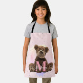 モノグラムかわいらし水色名ピンクテディベア エプロン (インサイチュ)