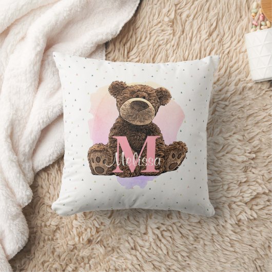 モノグラムかわいらし水色名ピンクテディベア クッション (ブランケット)