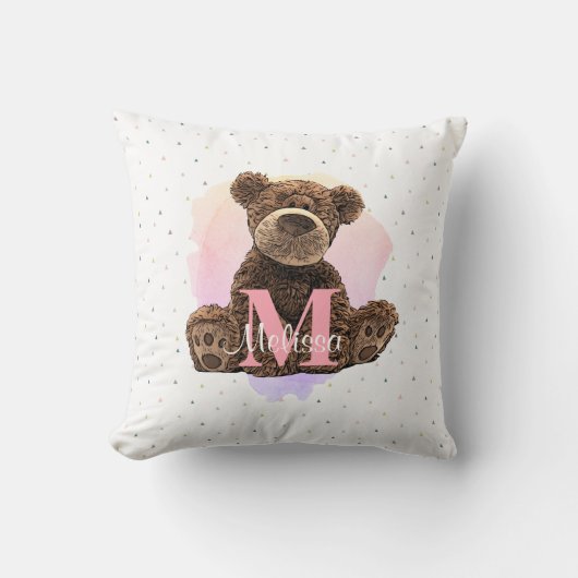 モノグラムかわいらし水色名ピンクテディベア クッション (正面)