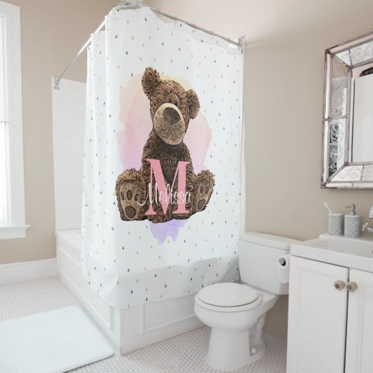 モノグラムかわいらし水色名ピンクテディベア シャワーカーテン (インサイチュ)