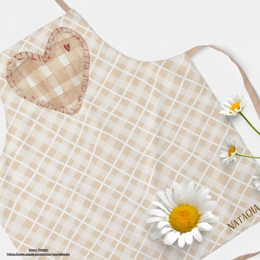 モノグラムかわいらし素朴ハートとタータンチェックブラウン エプロン