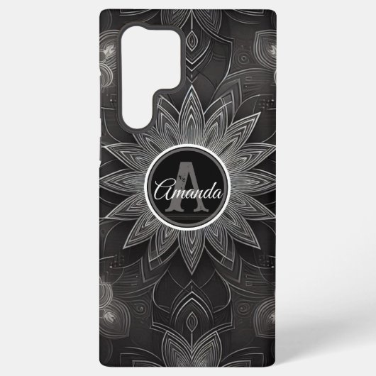 モノグラムがあしらわれた黒と白の複雑な花柄の曼荼羅 SAMSUNG GALAXYケース (裏面)