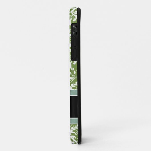 モノグラムが付いているかわいらしく暗いオリーブ色及び白のダマスク織 Case-Mate iPhoneケース (裏面/左)