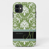 モノグラムが付いているかわいらしく暗いオリーブ色及び白のダマスク織 Case-Mate iPhoneケース (裏面)