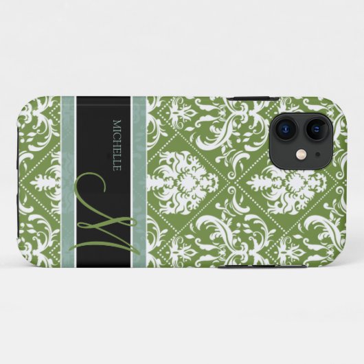モノグラムが付いているかわいらしく暗いオリーブ色及び白のダマスク織 Case-Mate iPhoneケース (裏面(横))