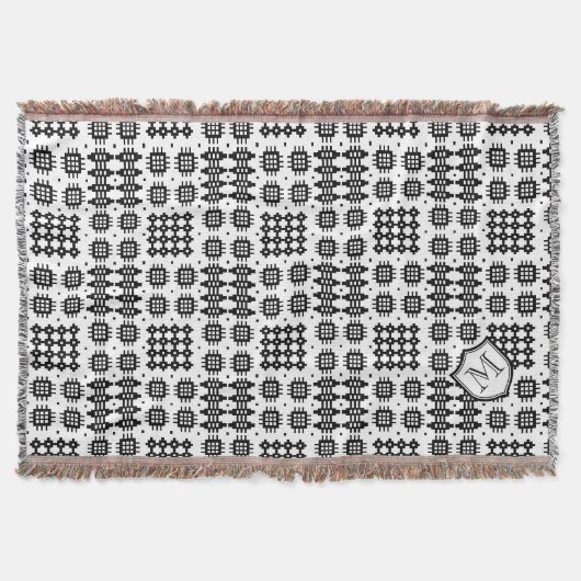 モノグラムが付いているウェールズの黒く、白くフェイクなタペストリー スローブランケット (正面)